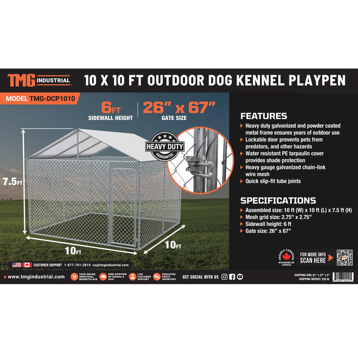 TMG Industrial 10’ x 10’ Outdoor Dog Kennel Playpen w/Cover, Outdoor Dog Runner, Pet Exercise House, Lockable Gate, 6’ Chain-Link Fence, TMG-DCP1010