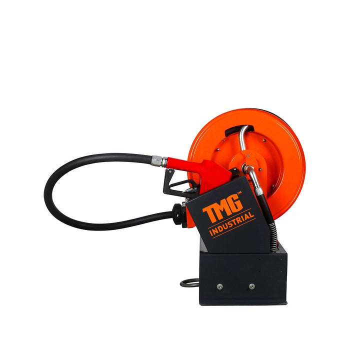 TMG Industrial Portable Diesel Transfer Pump w/49’ Hose Reel, Auto Shut Off, DC 12-Volt, 15 GPM, TMG-DFP10
