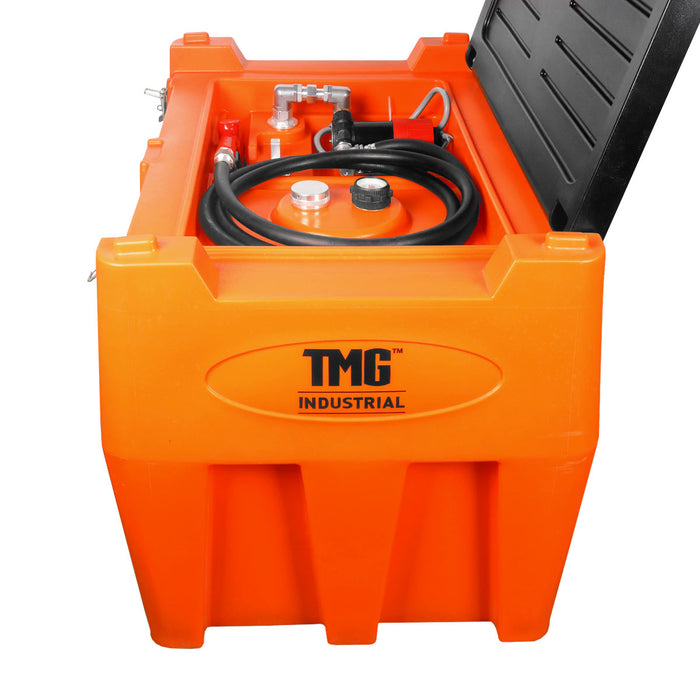 TMG Industrial Réservoir de carburant diesel en poly de 116 gallons, évidements pour sangle à cliquet, pompe à carburant de 10 GPM, couvercle verrouillable, conception à paroi simple renforcée, TMG-DFT116