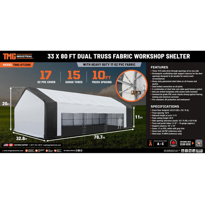 TMG Industrial 80’ x 33’ Dual Truss Storage Shelter Workshop, (3) 19’ Wide Drive-Through Openings, Scaffolding-Style Door Frame Support, TMG-DT3380
