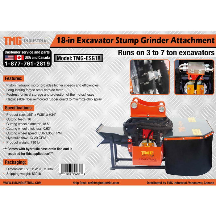 TMG Industrial 18" Excavator Stump Grinder Attachment, 3 to 7-ton Carrier, 13-20 GPM, Case Drain Line, TMG-ESG18