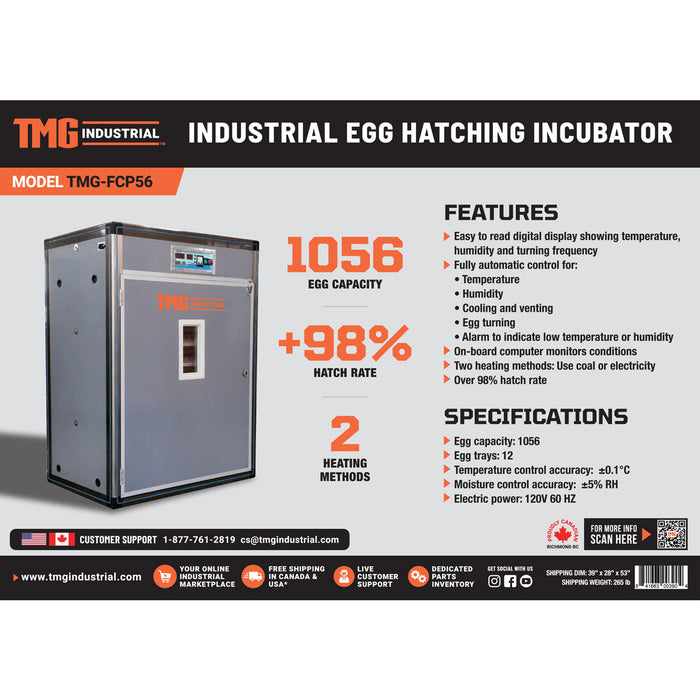 TMG-FCP56 Incubateur d'œufs à grande capacité de qualité commerciale, jusqu'à 1056 œufs, contrôle automatique, taux d'éclosion de 98 %, 12 plateaux à œufs