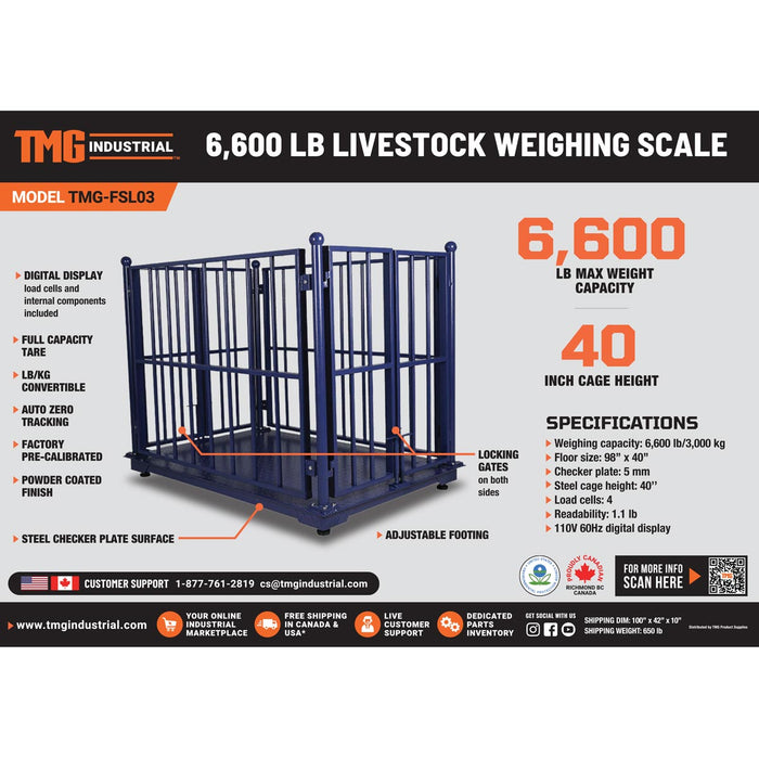 TMG-FSL03 6,600-lb Livestock Weighing Scale with Digital Display, Pre-calibrated, LB/KG Convertible, Lockable Gates, Load Cells
