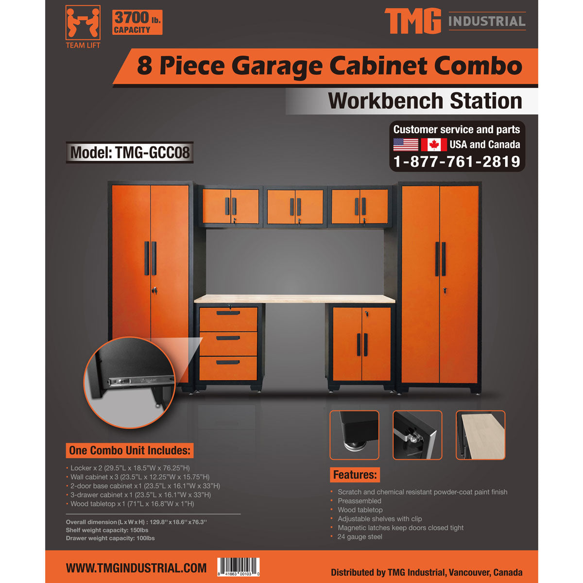 TMG Industrial 8-Piece Garage Storage Cabinet Combo Set, Fully-Welded,  Pre-Sealed Wooden Tabletop, Workbench Station, Lockers, Adjustable  Levelling,