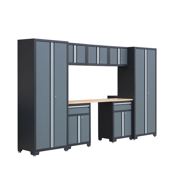 TMG Industrial Pro Series 8-Piece Garage Storage Cabinet Combo Set, Rubber Wood Tabletop, Recessed Aluminum Handles, TMG-GCC08B