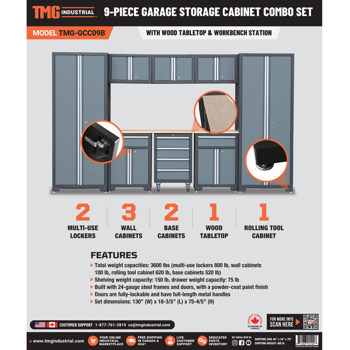 TMG Industrial Pro Series 9-Piece Garage Storage Cabinet Combo Set w/Rolling Cabinet, Rubber Wood Tabletop, Recessed Aluminum Handles, TMG-GCC09B