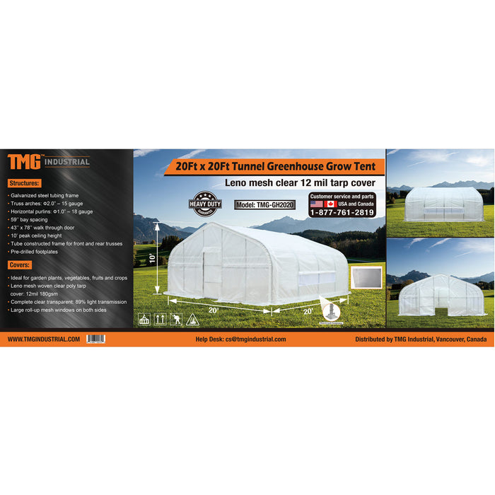 TMG Industrial 20' x 20' Tunnel Greenhouse Grow Tent with 12 Mil Ripstop Leno Mesh Cover, Cold Frame, Roll-up Windows, Peak Ceiling Roof, TMG-GH2020