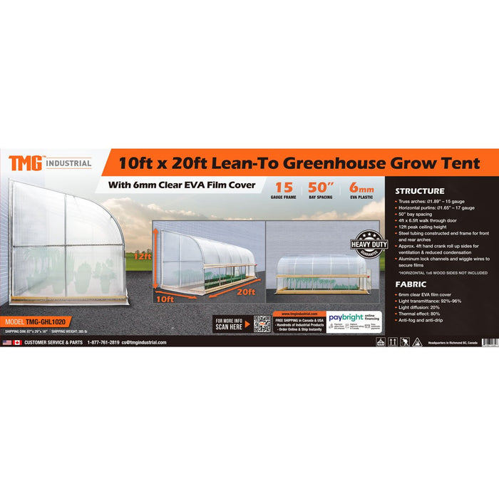 TMG Industrial 10' x 20' Lean-To Greenhouse Grow Tent w/6 Mil Clear EVA Plastic Film, Cold Frame, Manivelle Roll-Up Side, 6-½' Sidewall, TMG-GHL1020