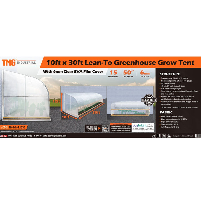 TMG Industrial 10' x 30' Lean-To Greenhouse Grow Tent w/6 Mil Clear EVA Plastic Film, Cold Frame, Manivelle Roll-Up Side, 6-½' Sidewall, TMG-GHL1030