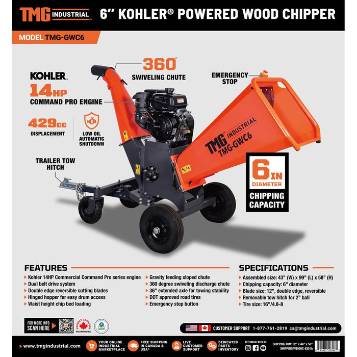 TMG Industrial 6" Wood Chipper Powered by Kohler 14 HP Command Pro Series, ATV Tow-Behind, 12'' Reversible Blade, Dual Belt Drive, TMG-GWC6