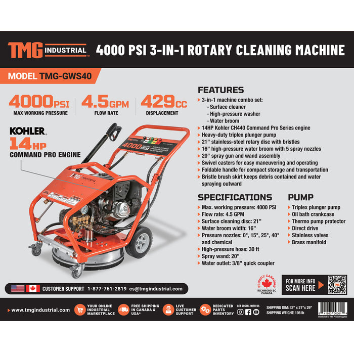 TMG Industrial 4000 PSI 3-in-1 Rotary Surface Cleaning Machine: High Pressure Washer, Floor Cleaner & Water Broom, Industrial Scrubber, 14 HP Kohler Gasoline Engine, 21” Rotary Disc, Triplex Plunger Pump, TMG-GWS40