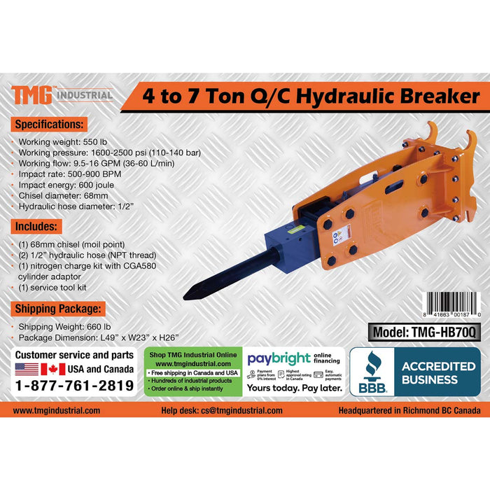 <tc>TMG Industrial 4-7 Ton Excavator/Backhoe Hydraulic Hammer Breaker, Quick Change (Q/C) Lugging, 2-3/4" Moil Point Chisel, 600 J Impact Energy, TMG-HB70Q</tc>