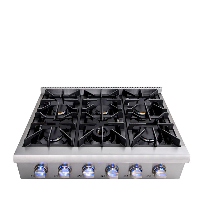 TMG Living Kitchen 36” Gas Range Cooktop, 6 Burners, 15000-18000 BTU w/680 BTU Simmer, LPG/NG Fuel, Blue LED Lights, TMG-HRG36T