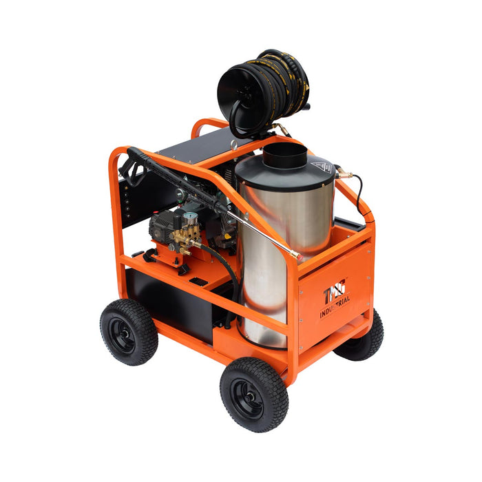 TMG Industrial 4000 PSI Hot Water Pressure Washer with 85’ Hose Reel, 14 HP Kohler Engine, Electric Start, Gas Fired, Triplex Plunger Pump, TMG-HW41R