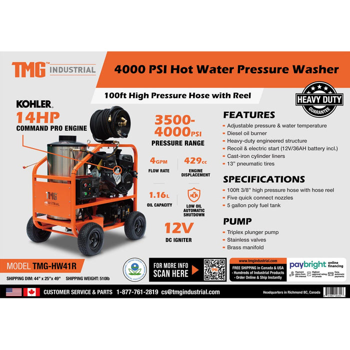 TMG Industrial 4000 PSI Hot Water Pressure Washer with 85’ Hose Reel, 14 HP Kohler Engine, Electric Start, Oil Fired, Triplex Plunger Pump, TMG-HW41R