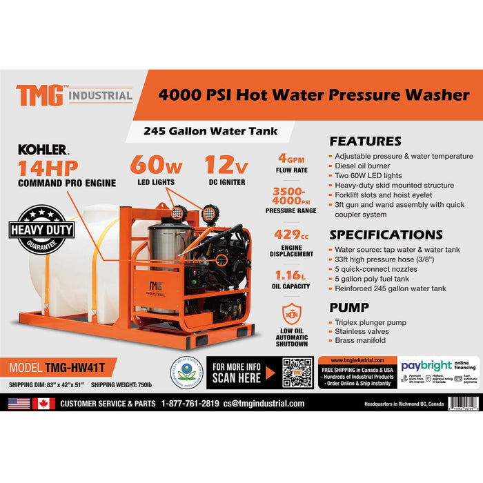 TMG Industrial 4000 PSI Hot Water Pressure Washer with 245 Gallon Wate