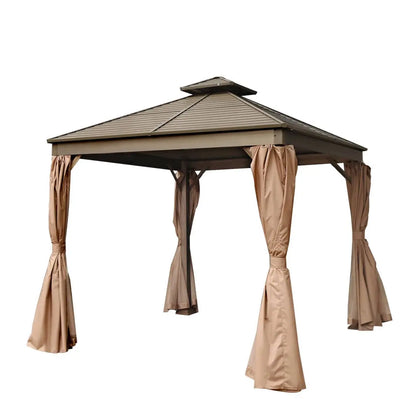 10' x 10' Hardtop, Double Tier Steel Roof Patio Gazebo, Mosquito Nets & Curtains Included, TMG-LGZ11