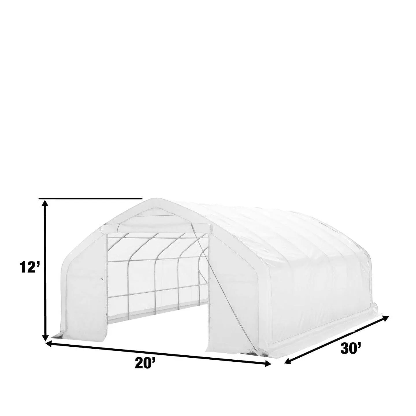 TMG Industrial 20' x 30' Straight Wall Peak Ceiling Storage Shelter with Heavy Duty 11 oz PE Cover & Drive Through Door, TMG-ST2031E