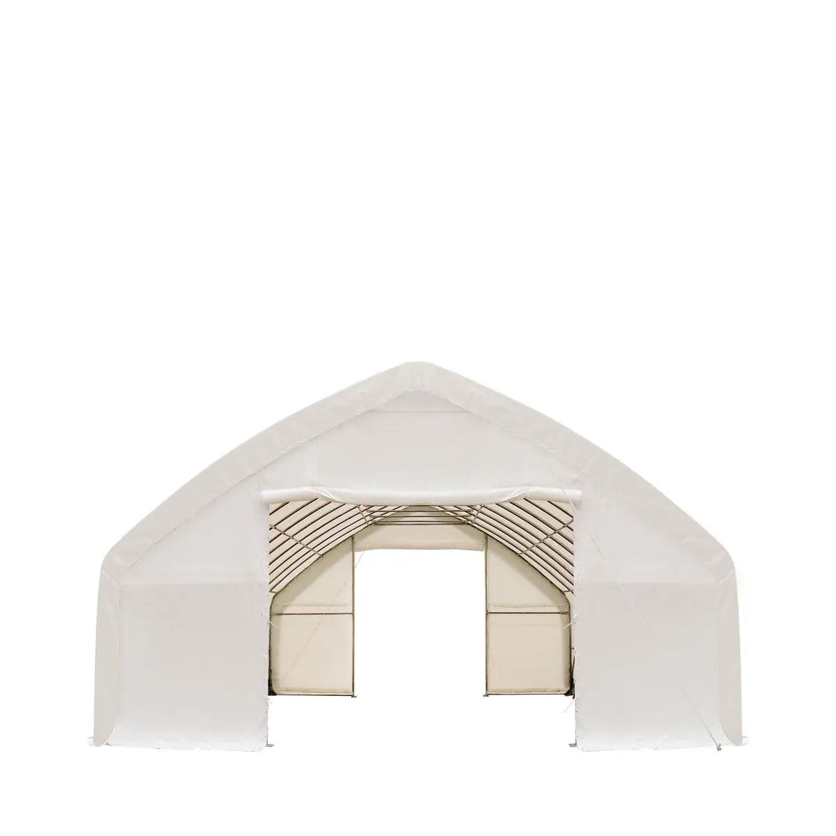 TMG Industrial 30' x 50' Straight Wall Peak Ceiling Storage Shelter with Heavy Duty 17 oz PVC Cover & Drive Through Doors, TMG-ST3050V