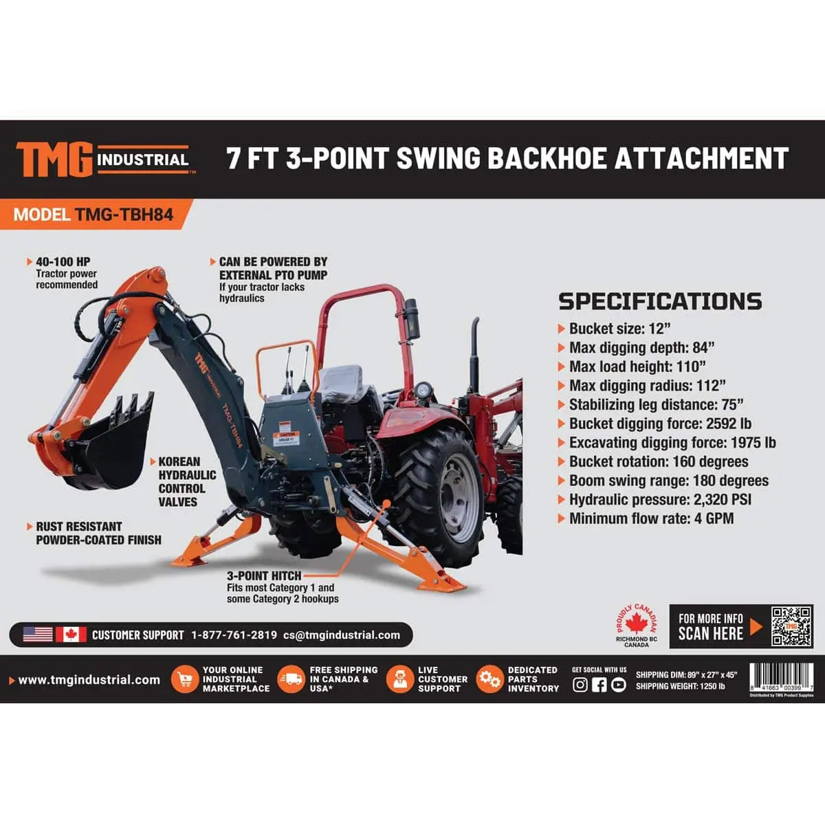 7-FT 3-Point Hitch Swing Backhoe Attachment, 12