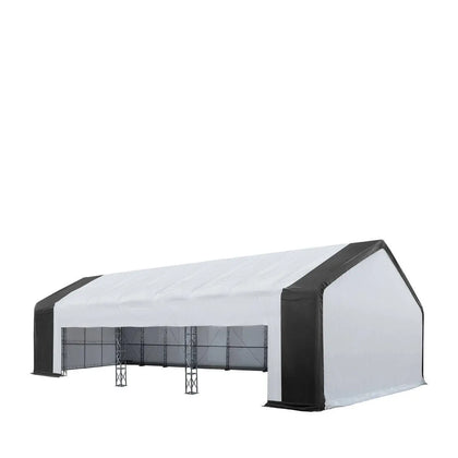 33' x 80' Dual Truss Storage Shelter Workshop, (3) 19' Wide Drive-Through Openings, Scaffolding-Style Door Frame Support, TMG-DT3380