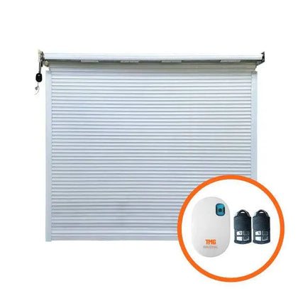 TMG Industrial Motorized Roll-Up Door Kit for TMG-MS25 Series Metal Barn Sheds, with Two Remote Controls, AC Motor, TMG-MS2500-RD101