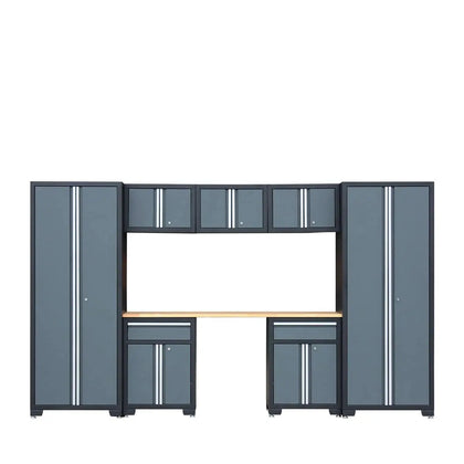TMG Industrial Pro Series Ensemble combiné d'armoires de rangement de garage 8 pièces, plateau en bois d'hévéa, poignées en aluminium encastrées, TMG-GCC08B