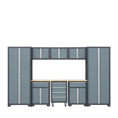 TMG Industrial Pro Series 9-Piece Garage Storage Cabinet Combo Set w/Rolling Cabinet, Rubber Wood Tabletop, Recessed Aluminum Handles, TMG-GCC09B