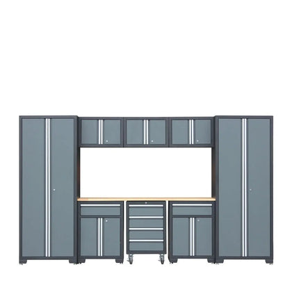 TMG Heavy Series™ 9-Piece Garage Storage Cabinet Combo Set w/Rolling Cabinet, Rubber Wood Tabletop, Recessed Aluminum Handles, TMG-GCC09B