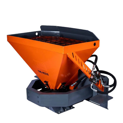 Skid Steer Tilt-N-Scoop Material Spreader, 10 Cu-Ft Capacity, 30' Wide Spread Range, 6.5-12 GPM Flow Rate, Sidewalk Skirt, Universal Mount, TMG-MSS10