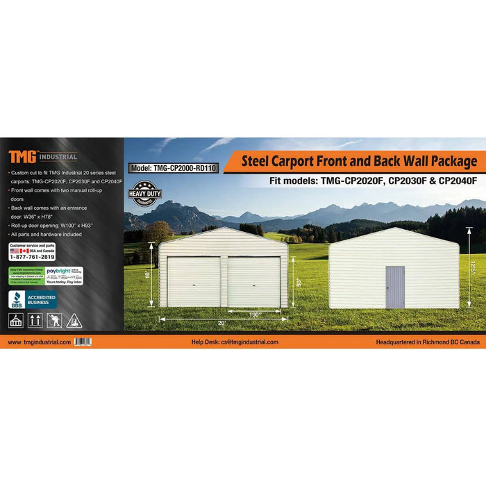 TMG Industrial Steel Carport Add-On Package Kit, Front Wall w/Roll Up Doors & Back Wall, TMG-CP2000-RD110 (Not available for online purchase)