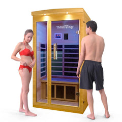 TMG LIVING Sauna infrarouge intérieur pour une personne, pruche canadienne naturelle, haut-parleurs Bluetooth, porte en verre trempé, TMG-LSN10