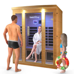 TMG LIVING Sauna infrarouge intérieur pour trois personnes, pruche canadienne naturelle, haut-parleurs Bluetooth, porte en verre trempé, TMG-LSN30