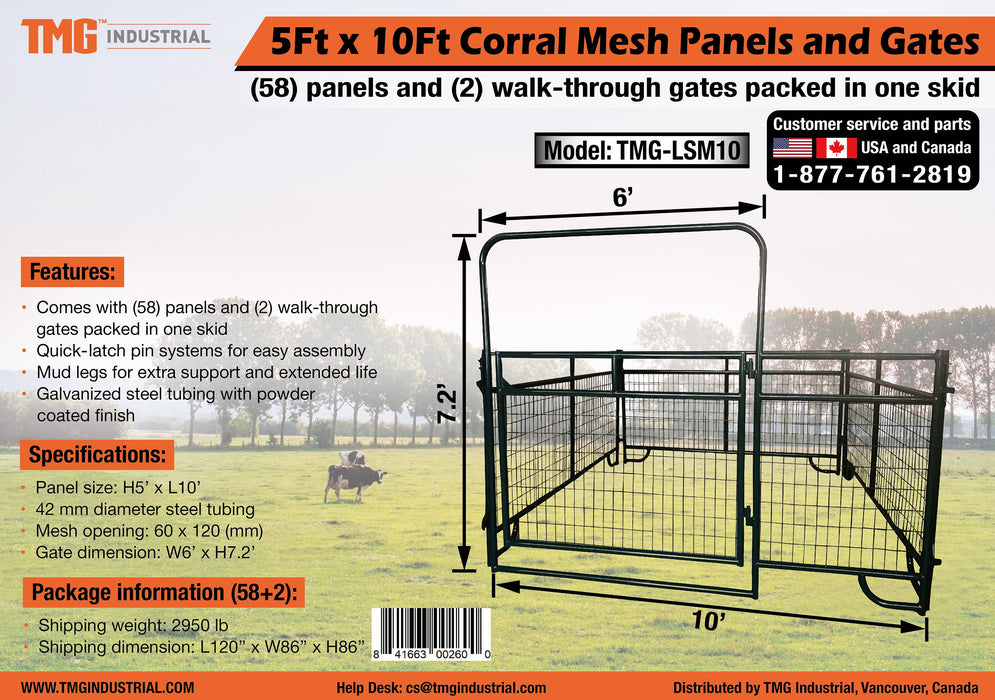 TMG-LSM10 5' x 10' Livestock Corral Mesh Panels and Gates (58 panneaux et 2 portes emballés dans une palette)