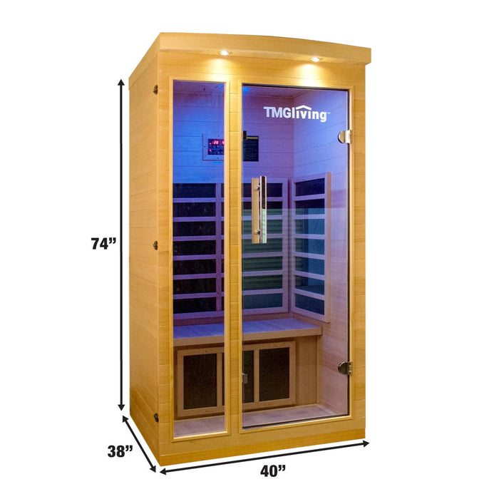 TMG LIVING Sauna infrarouge intérieur pour une personne, pruche canadienne naturelle, haut-parleurs Bluetooth, porte en verre trempé, TMG-LSN10