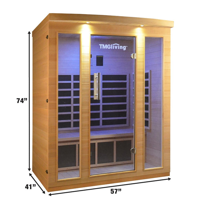 TMG LIVING Sauna infrarouge intérieur pour trois personnes, pruche canadienne naturelle, haut-parleurs Bluetooth, porte en verre trempé, TMG-LSN30
