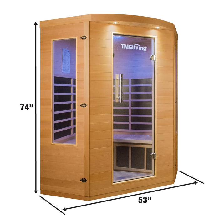 TMG LIVING 3 Person Corner Indoor Infrared Sauna Room, Natural Canadian Hemlock, Bluetooth Speakers, Tempered Glass Door, TMG-LSN40