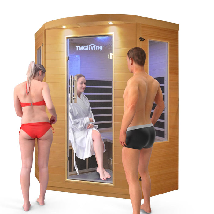 TMG LIVING 3 Person Corner Indoor FAR Infrared Sauna Room, Natural Canadian Hemlock, Bluetooth Speakers, Tempered Glass Door, TMG-LSN40