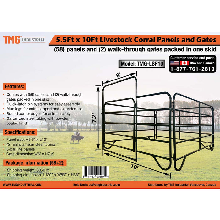 TMG-LSP10 5,5' x 10' Livestock Corral Panels and Gates (58 panneaux et 2 portes emballés dans une palette)