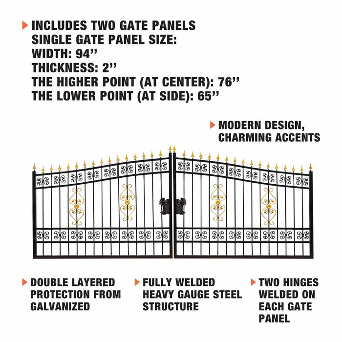 TMG Industrial Porte ornementale de luxe en fer forgé à deux séparations de 16 pieds, 100% acier forgé massif, revêtement en poudre, TMG-MG16