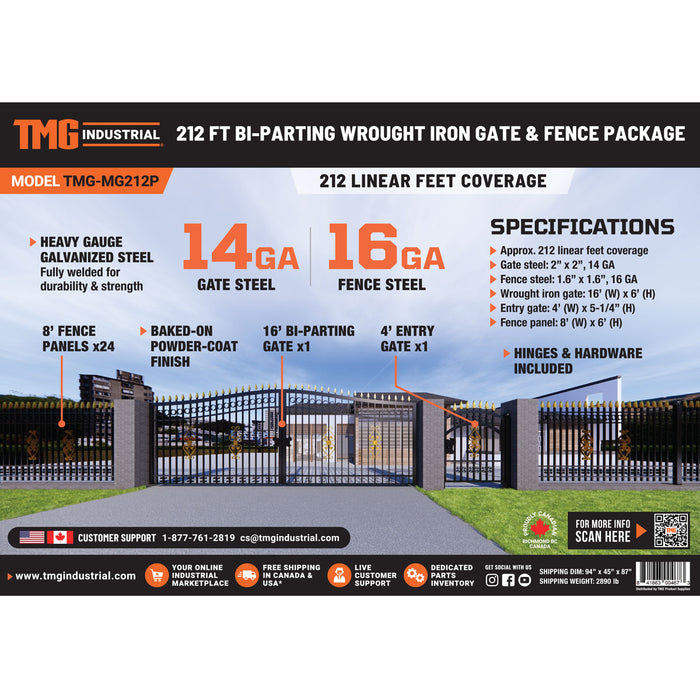 TMG Industrial 212-ft Bi-Parting Ornamental Wrought Iron Gate & Fence Panels Combo Pack, All Steel, Powder Coated, TMG-MG212P