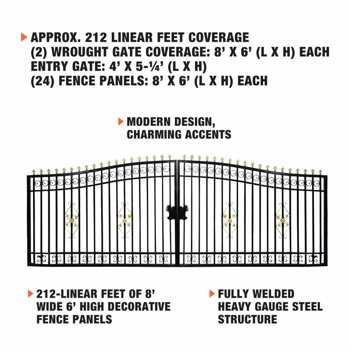 TMG Industrial Lot de 212 pieds de portail et de panneaux de clôture en fer forgé ornemental à deux séparations, tout en acier, enduit de poudre, TMG-MG212P