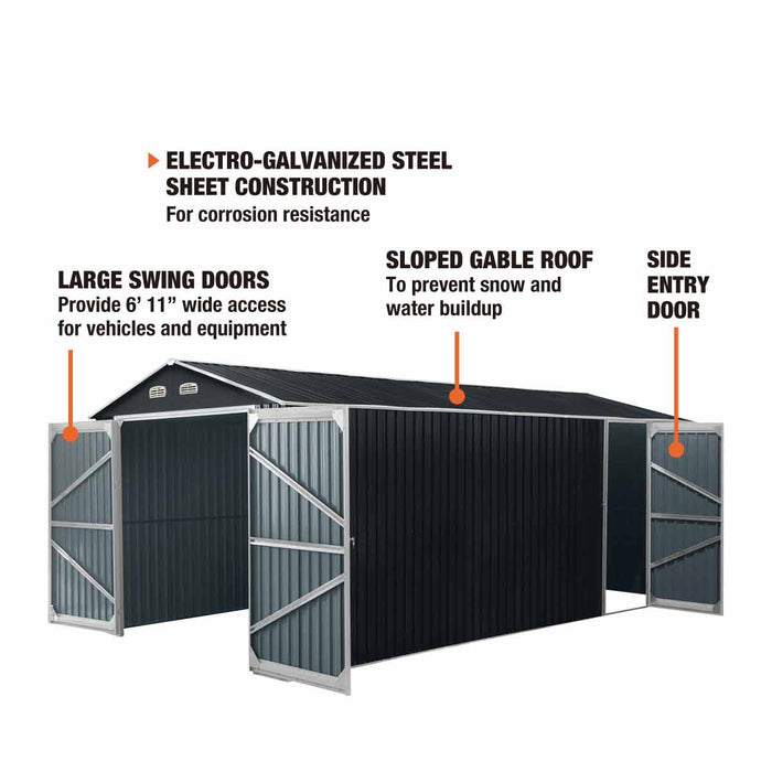 TMG Industrial 10’ x 20’ Metal Garage Shed with Double Front Doors, 7’8” Peak Height, Side Entry Door, 185 Sq-Ft Floor Space, TMG-MS1020A