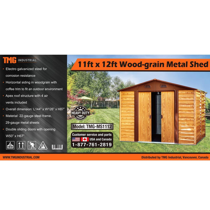 TMG Industrial 11' x 12' Abri de toit en métal galvanisé à grain de bois, porte coulissante de 50", métal ondulé 29 GA, hauteur de bord de 67", TMG-MS1112