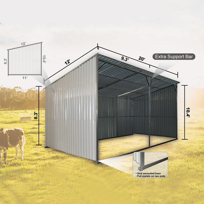 TMG Industrial 12’ x 20’ Galvanized Metal Livestock Shed, 240 Sq-Ft, 27 GA Corrugated Panels, Sliding Skid Mount, TMG-MS1220L