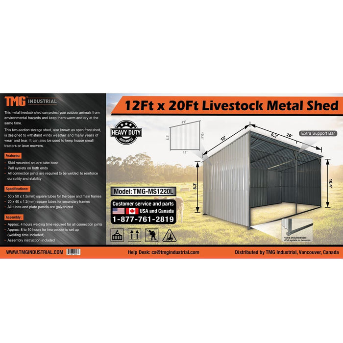 TMG Industrial 12’ x 20’ Galvanized Metal Livestock Shed, 240 Sq-Ft, 27 GA Corrugated Panels, Sliding Skid Mount, TMG-MS1220L