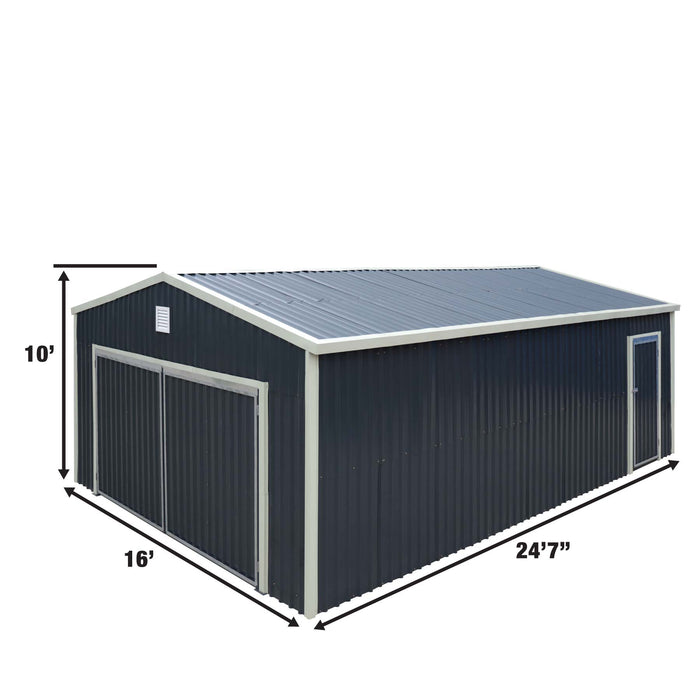 Abri de garage industriel en métal TMG 16 pi x 24 pi avec portes avant doubles, hauteur maximale de 10 pi, porte d'entrée latérale, surface au sol de 384 pieds carrés, TMG-MS1624