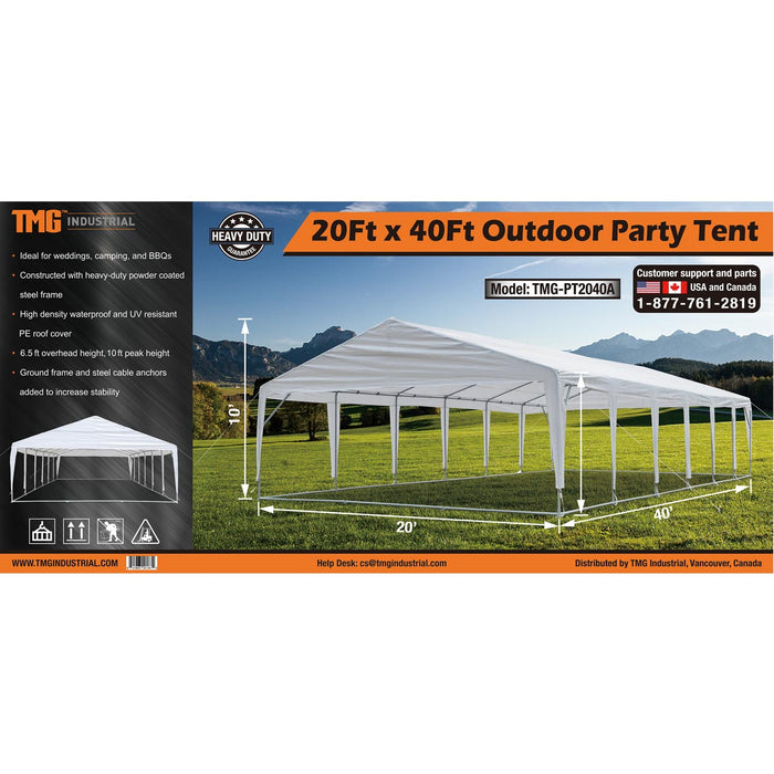 TMG Industrial 20' x 40' Tente de fête extérieure robuste, 11 oz PE Cover, 6'6" Overhead, 10' Peak Ceiling, TMG-PT2040A