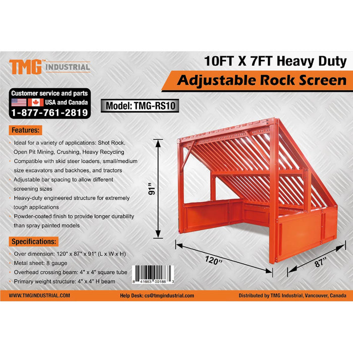 TMG Industrial 10’ Heavy Duty Static Grizzly Rock Screen, Adjustable Bolt-On Deck Bars, 4” x 4” I-Beams, 5000 lb Load Capacity, TMG-RS10
