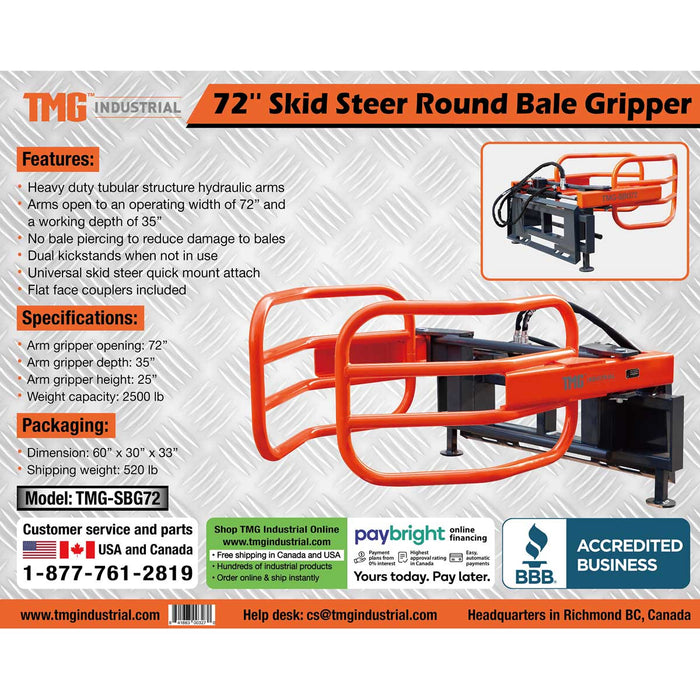 TMG Industrial 72” Skid Steer Hydraulic Round Bale Gripper/Squeeze, 2500 lb Capacity, 35” Depth, Dual Kickstands, Tubular Arms, Universal Quick-Mount, TMG-SBG72